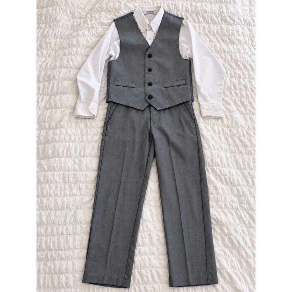 Nautica Boys Size 8 Gray Vest Pants Suit Set Van Heusen White Dress Shirt 3pc